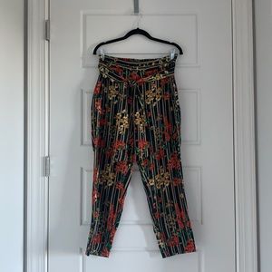 Zara Black Basic Pants w/ Floral and Stripe Detail